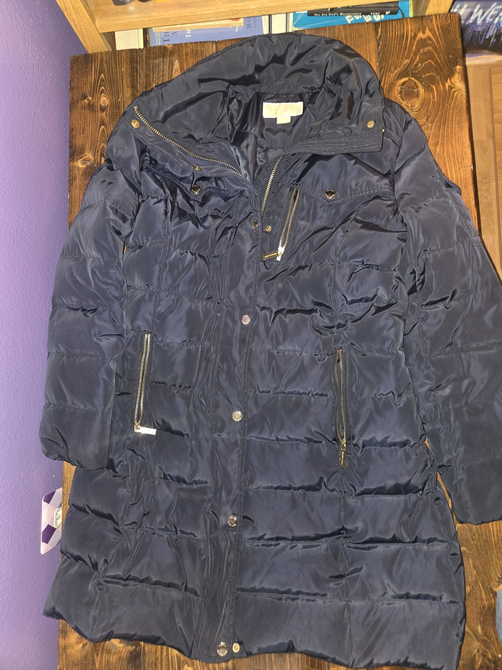 MICHAEL Michael Kors Women’s Size L Navy Long Hooded Puffer Coat Gold Hardware